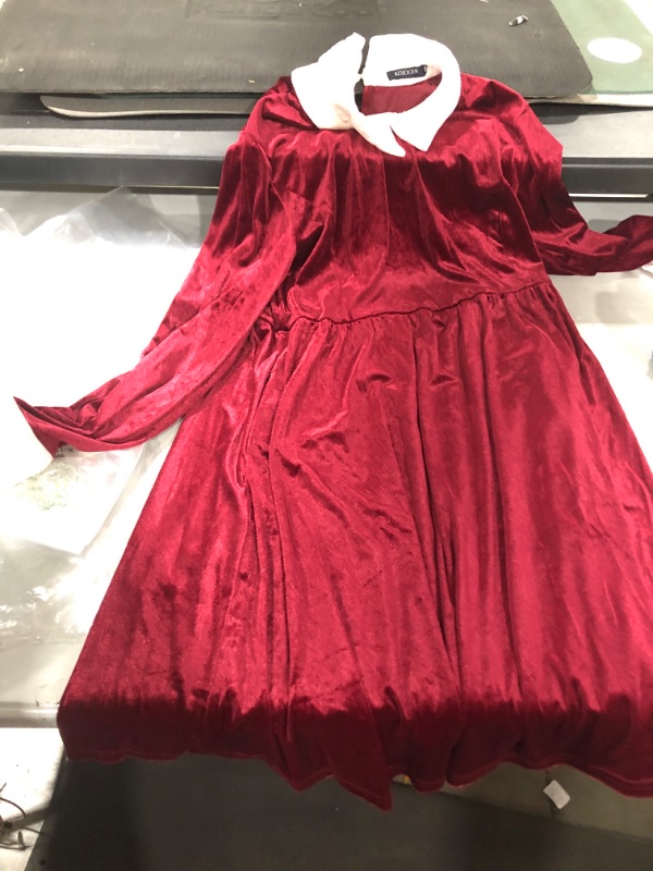 Photo 2 of 2xl KOJOOIN Women's Peter Pan Collar Velvet Dress Long Sleeve Gothic Casual Fit Flare Skater Dresses Wine Red Medium