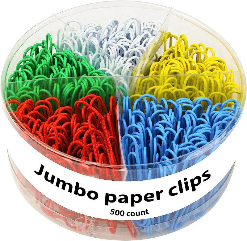 Photo 1 of 1InTheOffice Jumbo Paper Clip, Vinyl Coated Smooth Large Paper Clips"500 Pieces" (Assorted Brights)