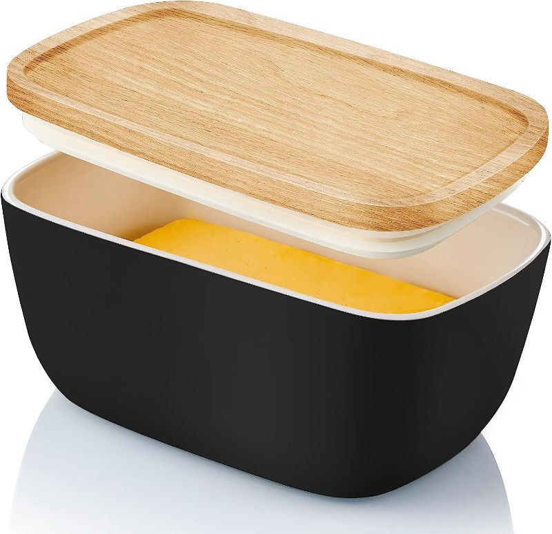 Photo 1 of ALELION Butter Dish with Lid - Ceramic Butter Container with Lid for Countertop, Large Butter Keeper Crock Perfect for West or East Coast Butter, Holds Up To 3 Butter Sticks, Black