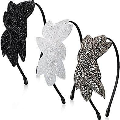 Photo 1 of 1920s Headbands for Women 3 Pieces Black Flapper Headpiece Beaded Leaf 1920s Accessories Valentines 