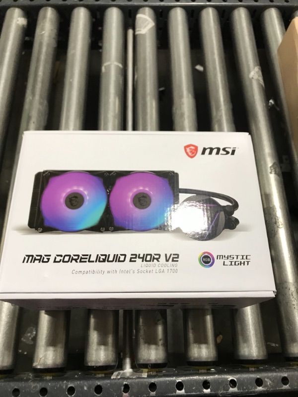 Photo 1 of MSI MAG CoreLiquid 240R V2 - AIO ARGB CPU Liquid Cooler - Rotating Cap Design - LGA 1700 Ready - 240mm Radiator - Dual 120mm ARGB PWM Fans 240 mm MAG CoreLiquid 240R V2---MAYBE MISSING HARDWEAR, LOOSE HARDWEAR IN BOX 