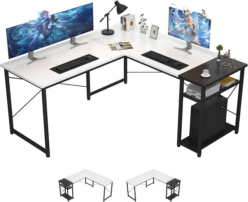 Photo 1 of Ecoprsio L-Shaped Desk Large L Shaped Gaming Desk with Storage Shelves White Corner Desk Writing Study Table for Home Office Gaming Workstation, White and Black
