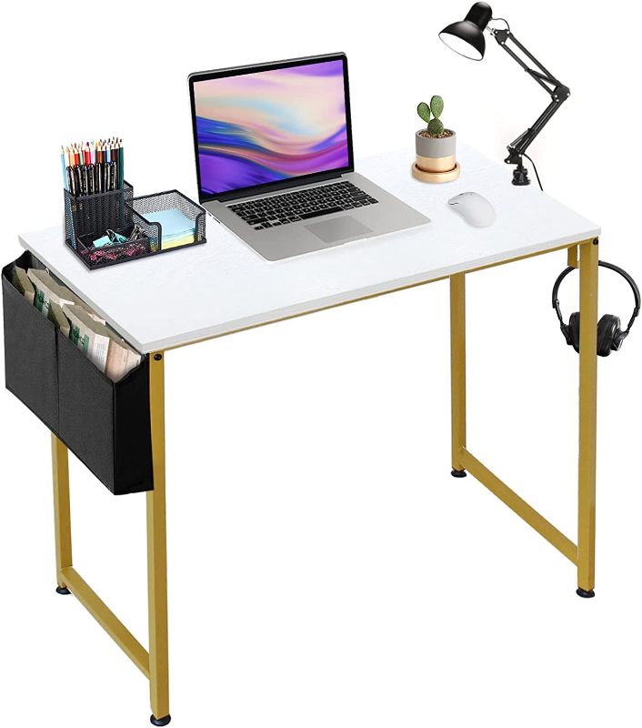 Photo 1 of DLisiting Small White Computer Desk - Modern Simple Home Office Writing Table for Bedroom Student Teens Study Small Spaces Work, PC Laptop 31 inch Mini Vanity Desks, Mesa de computadora White Gold
