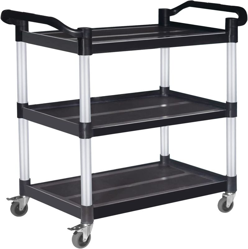 Photo 1 of Abacad Plastic Utility Cart with Wheels Lockable, Heavy Duty Restaurant Cart, Service Cart for/Home/Office/Warehouse/Kitchen/Workshop,390 Lbs,2 Handles, Black.
