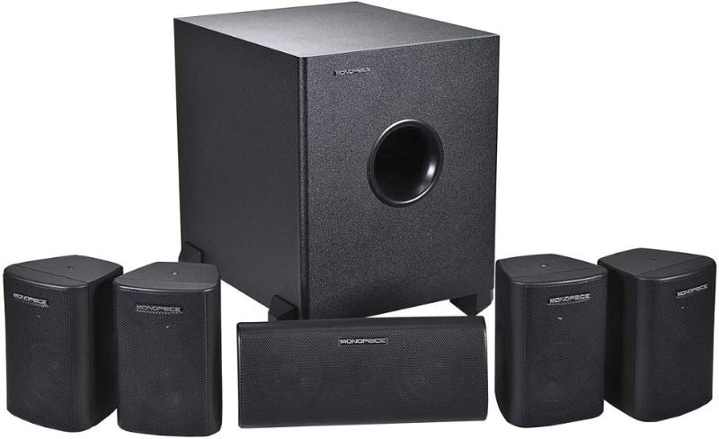 Photo 1 of Monoprice 5.1 Channel Home Theater Satellite Speakers And Subwoofer - Black
