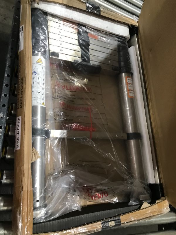 Photo 1 of Stainless Steel Telescoping Ladder 10.5FT, Heavy Duty One-Button Retraction Collapsible Ladder with Stabilizer,Automatic Slow Down Technology Telescoping Ladder for Household Daily and Outdoor Working