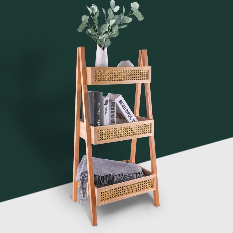 Photo 1 of ZYBT Ladder Bookshelf, 3-Tier Rattan Bookshelf, Free Standing Bookcase, Blanket Ladder, Wood Organizer Storage Shelves for Living Room Bedroom Kitchen Bathroom Balcony and Home Office

