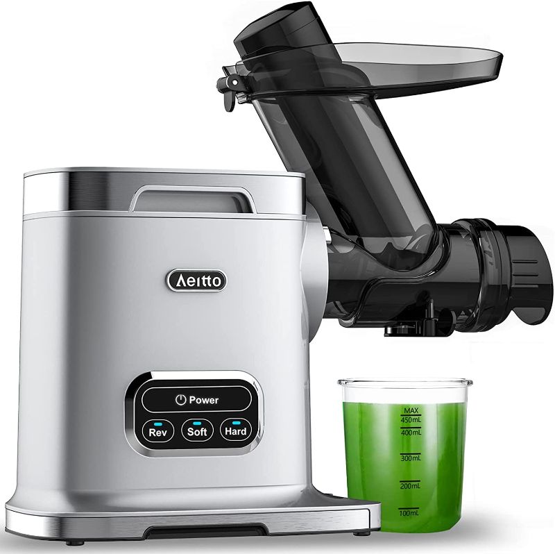 Photo 1 of Aeitto Cold Press Juicer, Cold Press Juicer, Juicer Machines with 3 Inch Wide Chute, 2-Speed Modes & Reverse Function, Masticating Juicer with Brush Easy to Clean for Fruit and Vegetable (Sliver)
