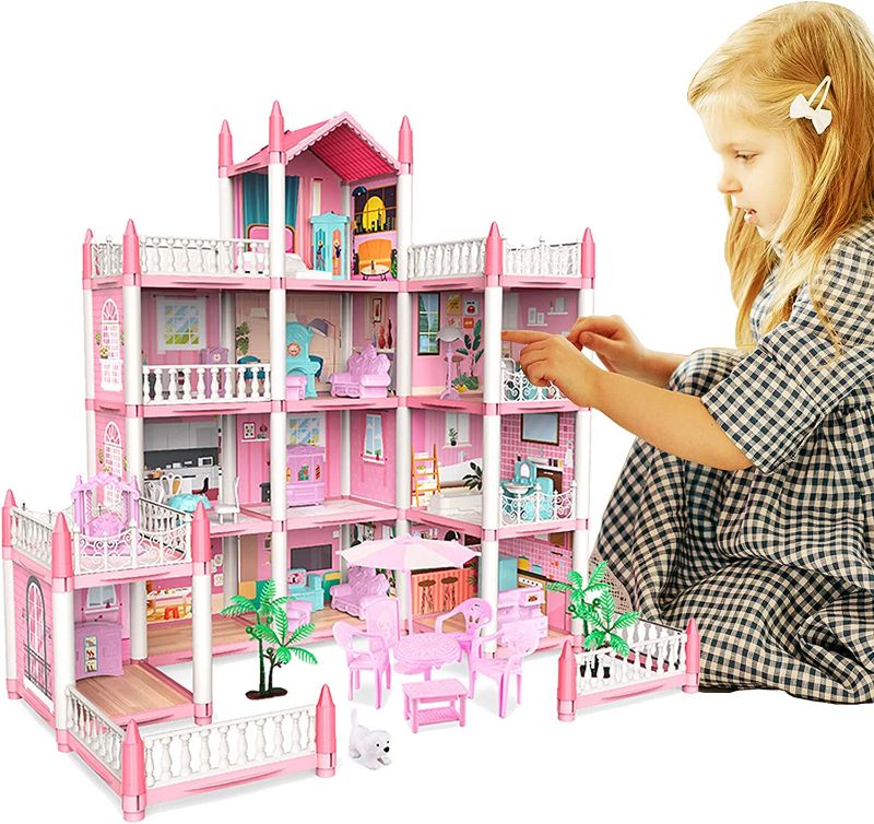 Photo 1 of Doll House Set with 11 Rooms and Furniture Accessories, Pink Play Dream House for Girls, DIY Building Pretend Play Doll House Gift Toy for Kids.
