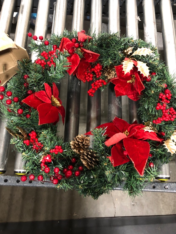 Photo 2 of 24 IN Christmas-Wreath,Christmas-Wreaths-for-Front-Door,Pre-Lit-Christmas-Decorations Door Wreath with 50 LED Lights,Poinsettia Flowers,Artificial Indoor/Outdoor Home Decor Gift Wreath for Door Mantel