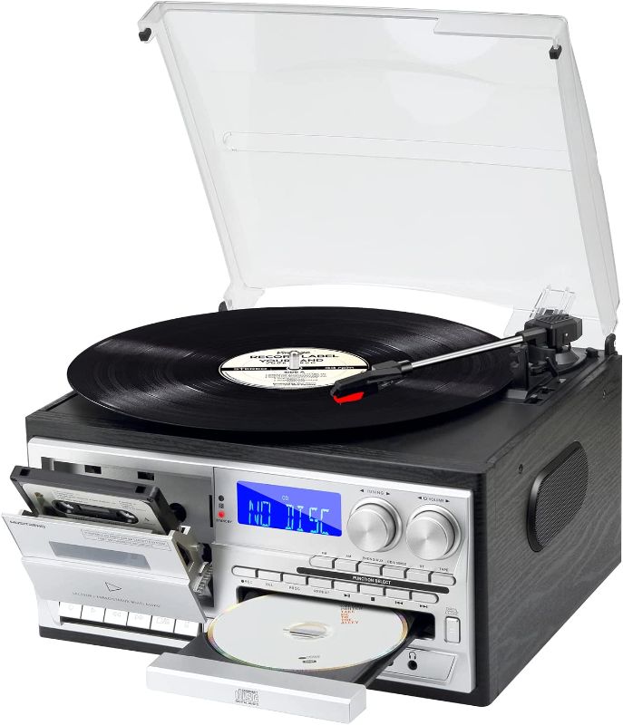 Photo 1 of MUSITREND 9 in 1 Record Player 3 Speed Vinyl Turntable with Bluetooth AM FM Raido Cassette CD USB SD Play Bulit-in Stereo Speakers Aux in RCA Line Out (Black)
