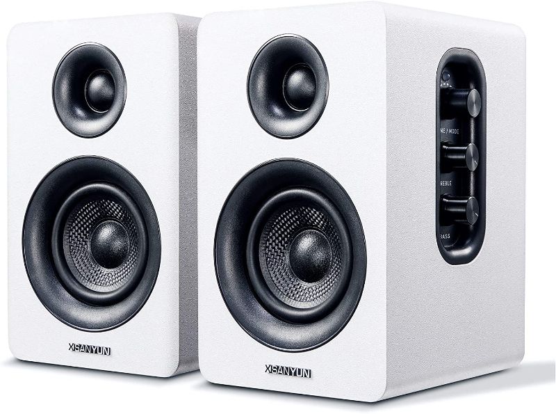 Photo 1 of Sanyun SW208 3" Active Bluetooth 5.0 Bookshelf Speakers – 60W Carbon Fiber Speaker Unit - Built-in 24bit DAC - Dynamic 3D Surround Sound – 2.0 Computer PC Monitor Gaming Speakers white 