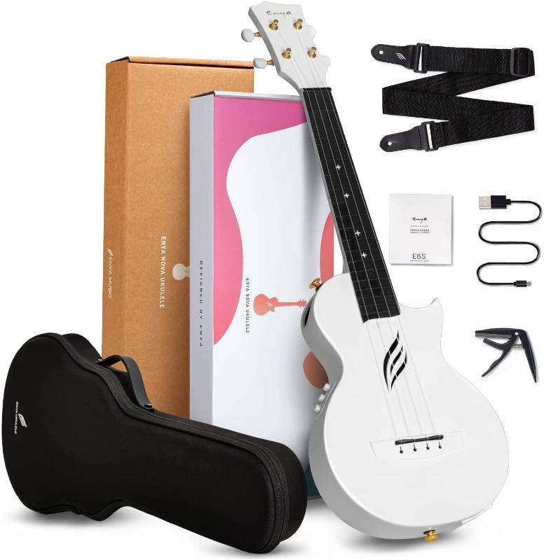 Photo 1 of Enya Concert Ukulele AcousticPlus Nova U/WH EQ 23” Cutaway Carbon Fiber Beginner Travel Ukulele Kit with Case, Strap, Capo, Strings (White)
Size:23 inch