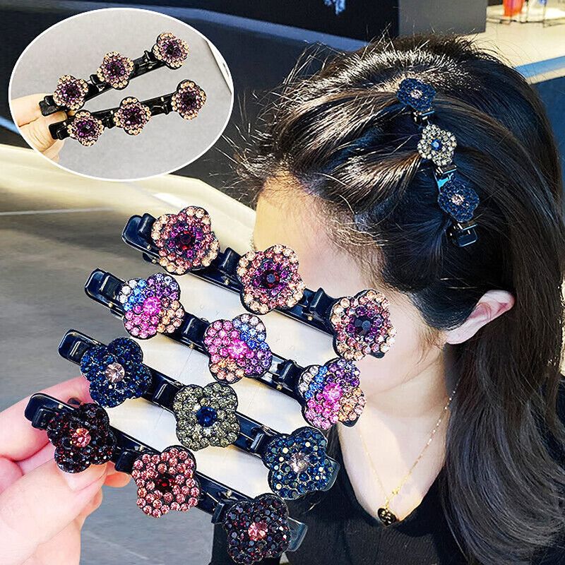 Photo 1 of  2 PACK 6Pcs Sparkling Crystal Stone Braided Hair Clips, Satin Fabric Hair Bands, Rhinestone Hair Clips, Braided Hair Clip with Rhinestones for Women/Girls (6Pcs)