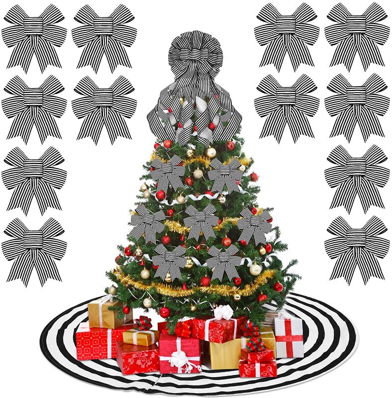 Photo 1 of 14 Pcs Black and White Christmas Tree Decorations Set Includes 34 Inch Christmas Tree Topper Bow 40 Inch Annual Ring Christmas Tree Skirt 5 Inch Black and White Striped Bow for Xmas Tree Decoration