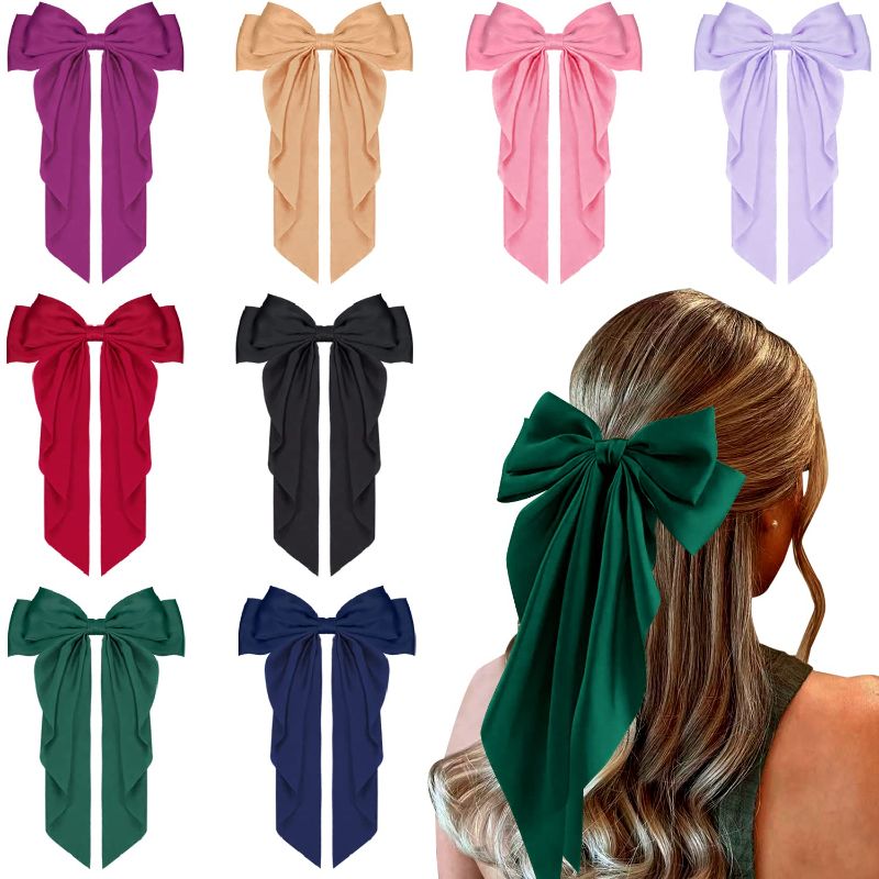 Photo 1 of 8 Pcs Big Satin Hair Bows for Women Girls, 8 Inch Large Bow Hair Clip Barrette Hair Ribbon Bows French Style Hair Accessories 