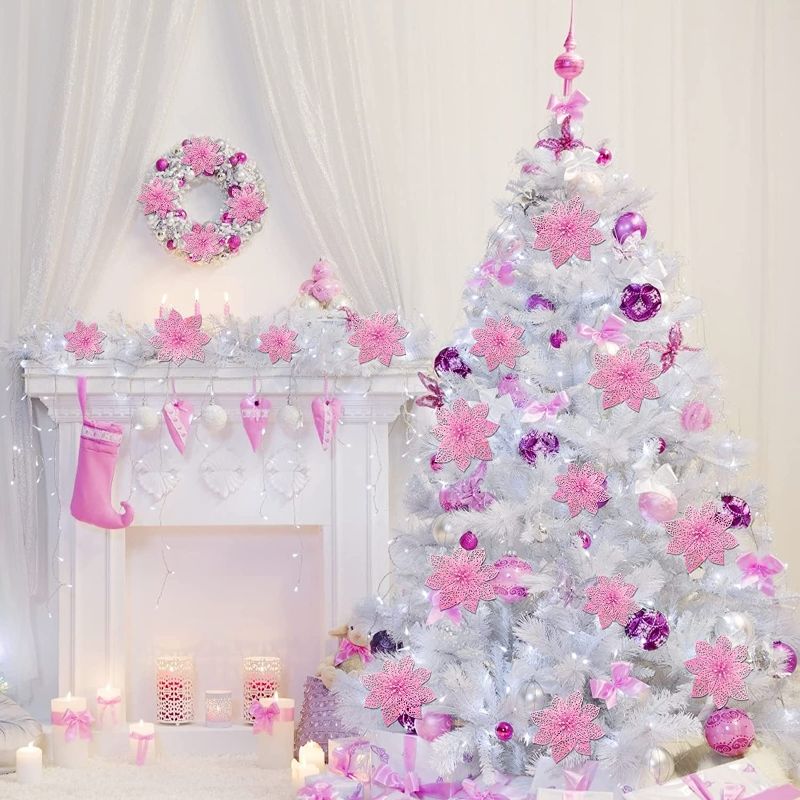 Photo 1 of [ Two Size Styles & Clips] 24 Pcs Large Christmas Glitter Poinsettia Flowers Decor 5.5/4 Inch Artificial Silk Flowers Christmas Ornaments for Tree Garland Wreath Decorations Indoor Outdoor(Pink) 