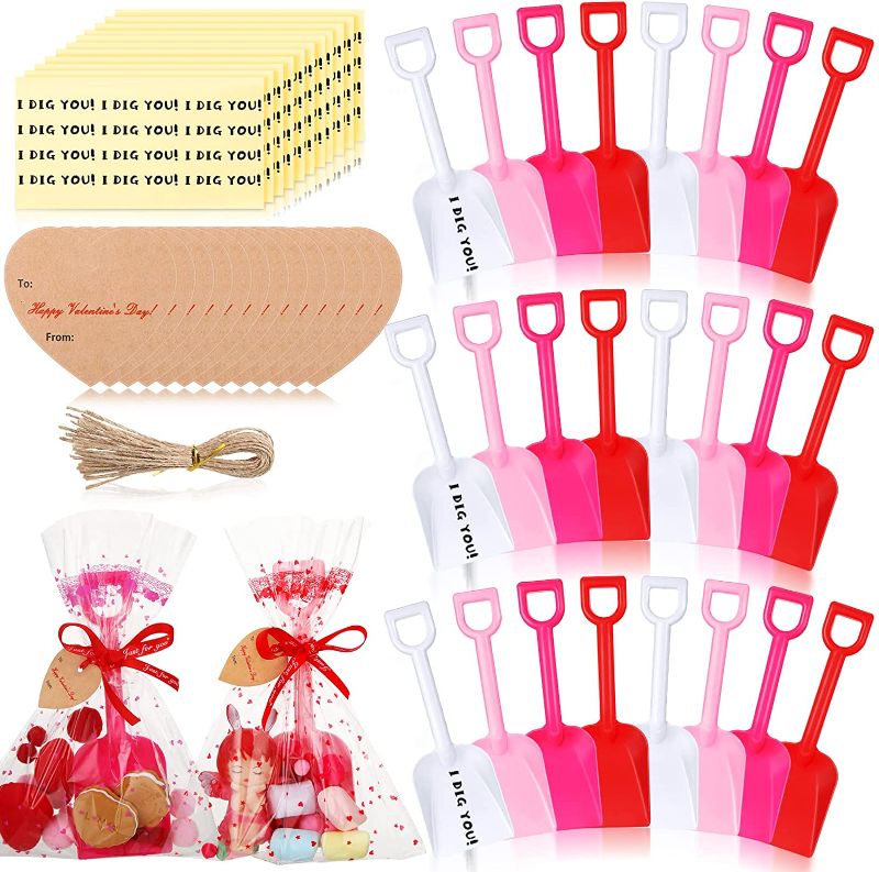 Photo 1 of 72 Pcs Valentines Plastic Sand Shovels for Kids I Dig You Mini Shovels for Party Favors Cards Handwritten Kraft Paper Heart Cards Lanyards Self Adhesive Stickers Classroom Exchange Gifts Supplies