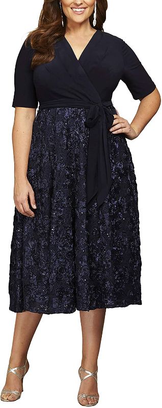 Photo 1 of Alex Evenings Women's Plus Size Tea Length Dress with Rosette Detail 