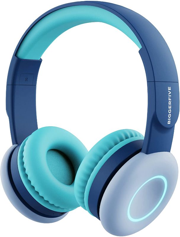 Photo 1 of BIGGERFIVE Kids Wireless Bluetooth Headphones with 7 Colorful LED Lights, 50H Playtime, Microphone, 85dB/94dB Volume Limited, Foldable On Ear Headphones for School/Girls/Boys/iPad/Fire Tablet, Blue 