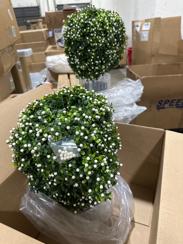 Photo 2 of ECOLVANT Two 20''T Artificial Boxwood Topiary Ball Tree UV Resistant Potted Plants Artificial Flower Buds Tree for Indoor Outdoor Home Garden (White Flowers, 2)
