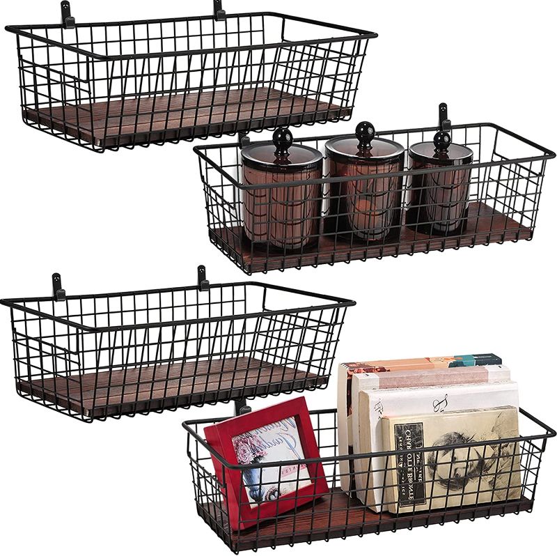 Photo 1 of 4 Set [Extra Large] Portable Metal Farmhouse Wall Decor Storage Organizer Basket Bin with Handles and Floating Shelves for Hanging in Entryway,Bathroom,Kitchen-Wall Mount Hooks Included (4, Black)
