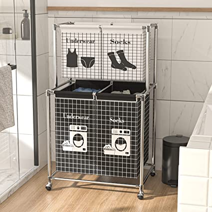 Photo 1 of 4 Section Laundry Sorter, Laundry Basket Cart with Wheels, 2-Tier Laundry Hamper with Removable Bag for Laundry Room, Bathroom, Laundry, Toys, Clothing
