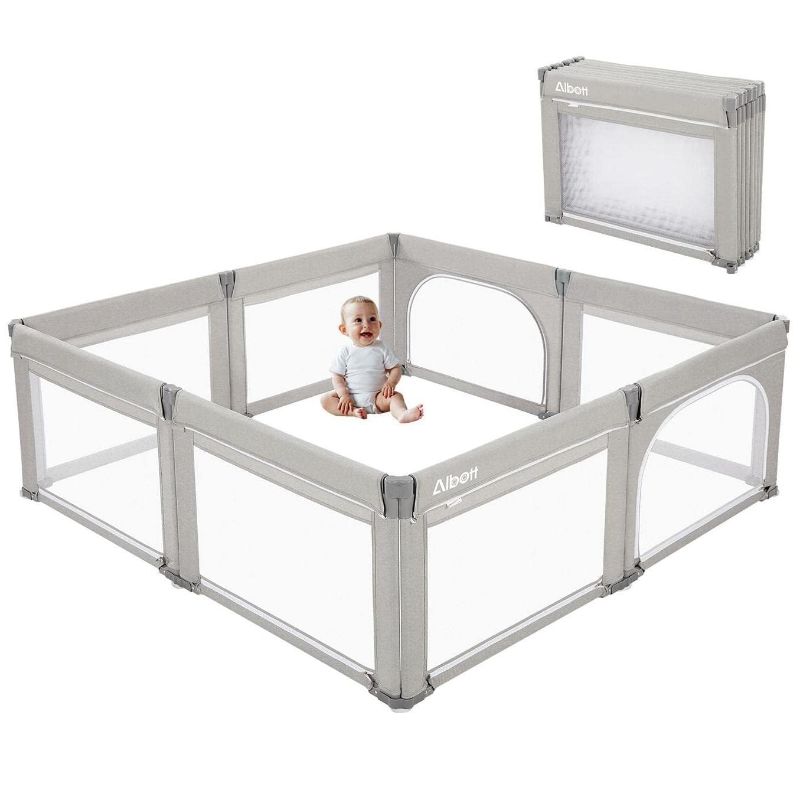 Photo 1 of Albott Baby Playpen- Foldable Playpen for Babies and Toddlers 74x74 in Baby Play Yards, Portable Baby Fence(Large, Light Grey)
