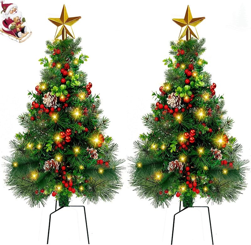 Photo 1 of 2.7FT Outdoor Christmas Tree Clearance Pre-Lit Pathway Christmas Trees Small Artificial Xmas Tree with Lights Battery Operated 8Mode for Porch, Yard, Outside, Grave Ornaments

