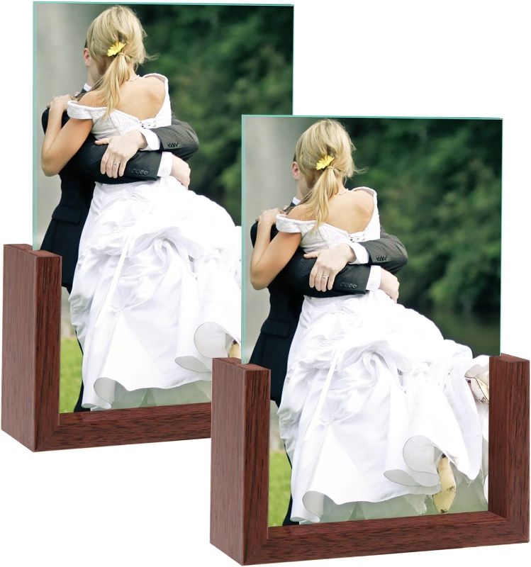 Photo 1 of 4x6 Picture Frame 2 Pack, Rustic Wooden Photo Frames with Wood Base and High Definition Glass Covers, U Shaped Double Sided Frame for Tabletop or Desktop Display 