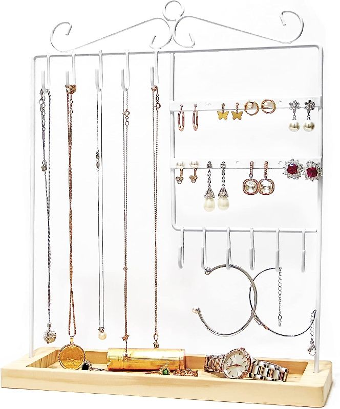 Photo 1 of 5-tier Jewelry Organizer Stand With Wooden Tray, 20 Earring Holes, 11 Hooks for Necklaces & Bracelets, Storage for Rings, Watches & Cosmetics, Gift for Her, White 