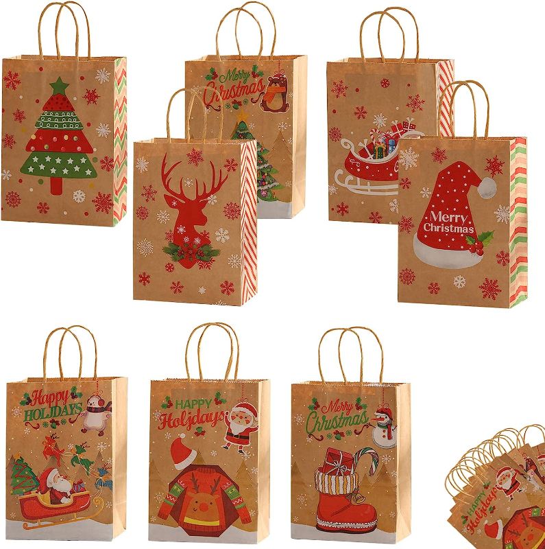 Photo 1 of 24pcs Christmas Gift Bags Kraft Paper Holiday Gift Bags with Handles, labato Christmas Goody Bags Xmas Gift Bags Classrooms and Party Favors (8 Styles) 