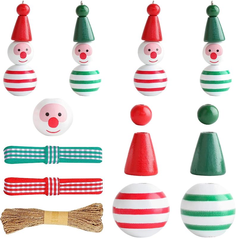 Photo 1 of 160 Pieces Christmas Wooden Beads Snowman Doll Round Bead Ornament with Hemp Rope for DIY Crafts Garland Making Winter Christmas Party Farmhouse Decoration (Grenn Red) 