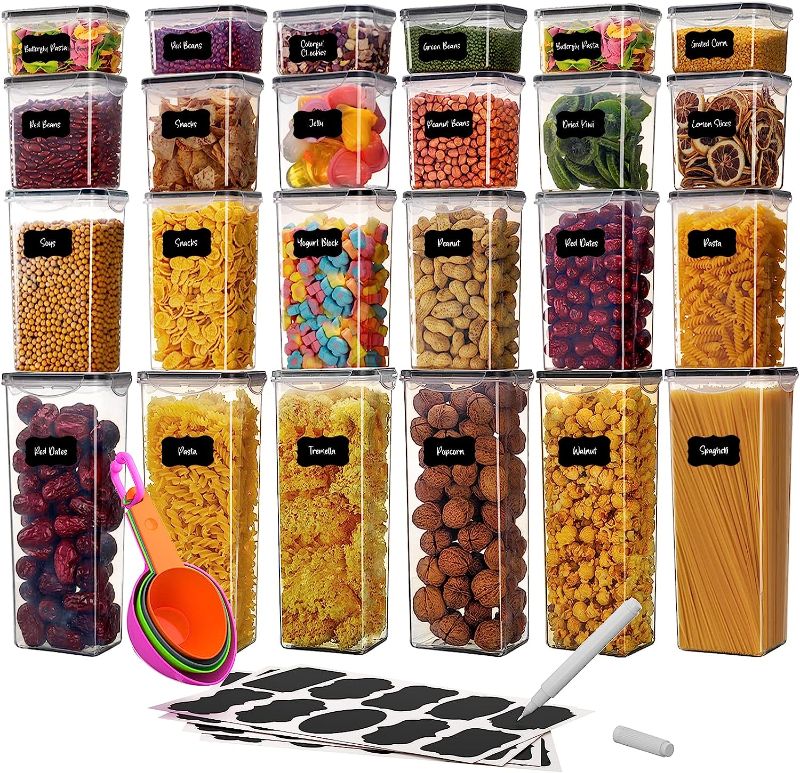 Photo 1 of Airtight Plastic Food Storage Containers with Lids, 24 Packs Stackable BPA Free Clear Pantry Organization and Storage.Durable Canisters Sets for Cereal,Sugar,Baking Supplies-with Labels, Marker& Spoon
