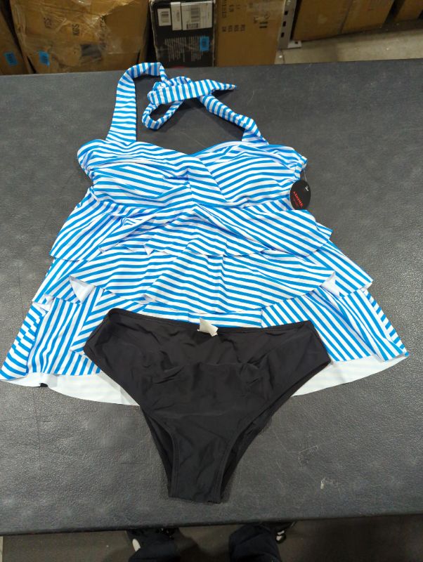 Photo 1 of 2 piece swimsuit white & blue stripes and black bottoms - M