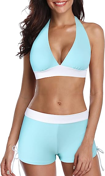 Photo 1 of Zando Womens Two Piece Push Up Swimwear Halter V Neck Swimsuit with Boyshorts Athletic 2 Piece Bathing Suit Swimsuits for Women Green Mixed Color S (US 2-4) 