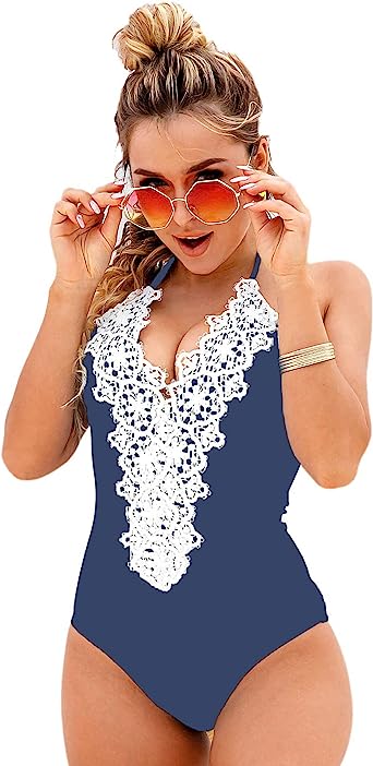 Photo 1 of Blooming Jelly Women's Vintage One Piece Swimsuit Lace Tummy Control Halter Swimwear Bathing Suit - M