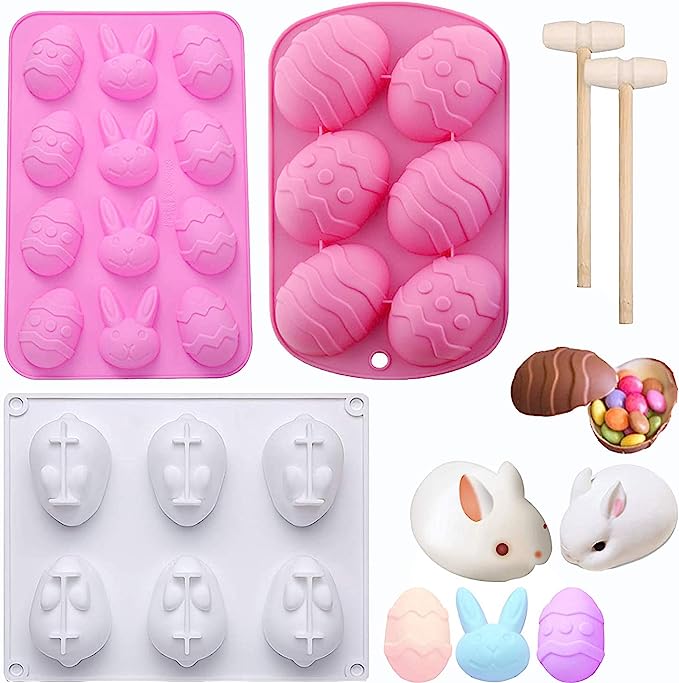 Photo 1 of 3 Pieces Easter Molds Easter Egg Chocolate Silicone Mold 3D Easter Rabbit Bunny Cake Baking Mold Easter Silicone Molds for Candy Cookie Silicone Baking Mold for Party Jelly Ice Cube--2 Wooden Hammers
