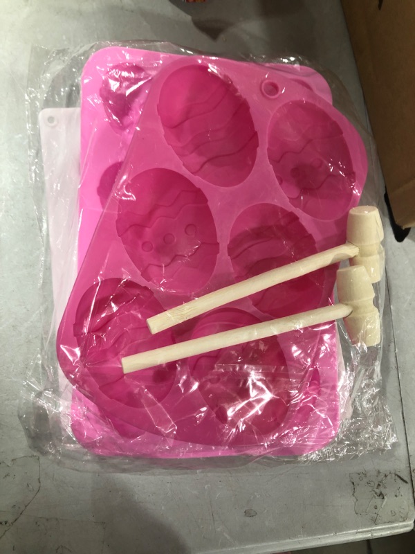 Photo 1 of 3 Pieces Easter Molds Easter Egg Chocolate Silicone Mold 3D Easter Rabbit Bunny Cake Baking Mold Easter Silicone Molds for Candy Cookie Silicone Baking Mold for Party Jelly Ice Cube--2 Wooden Hammers
