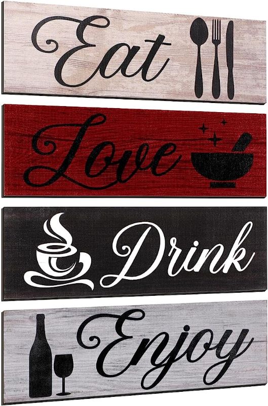Photo 1 of 4 Pieces Wood Kitchen Decor Sign Rustic Wooden Eat Drink Love Enjoy Wood Wall Decor Sign with Hanging Hole for Farmhouse Home Kitchen Dining Living Room Bar Cafe Decor (Retro Color)
