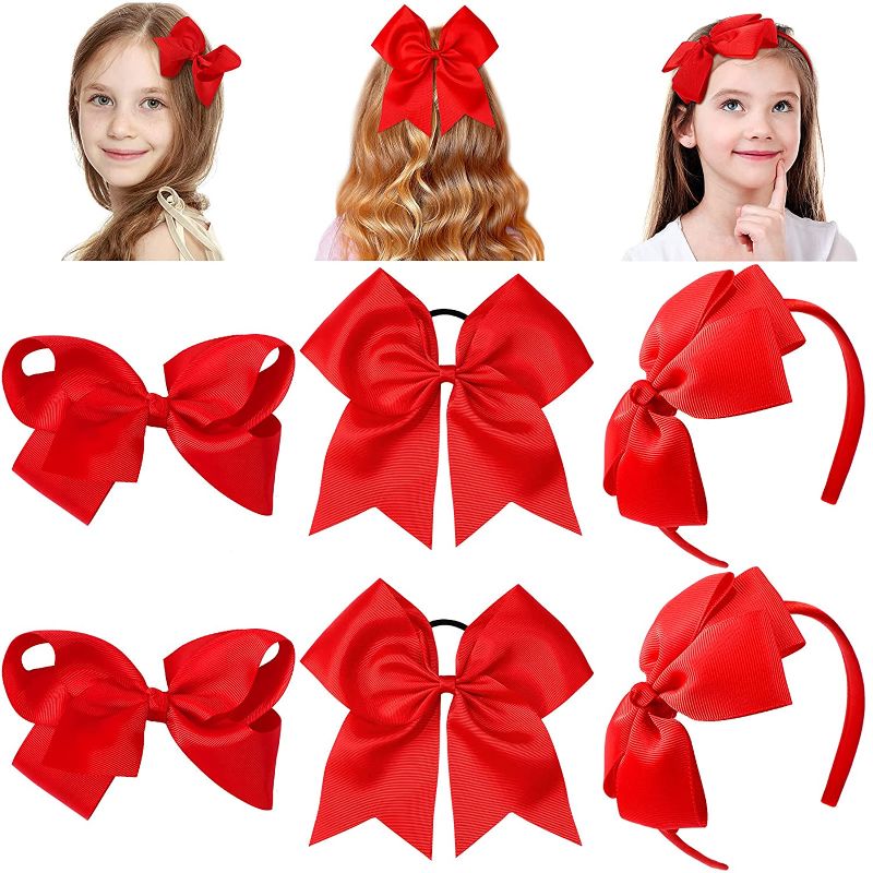 Photo 1 of 6 Pieces Red Hair Bow for Girls Toddler Grosgrain Ribbon Hair Ties Boutique Alligator Bowknot Hair Hoops for Kids Hair