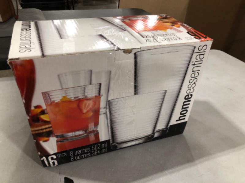 Photo 1 of Set of 16 Heavy Base Ribbed Durable Drinking Glasses Includes 8 Cooler Glasses (17oz) and 8 Rocks Glasses (13oz), - Clear Glass Cups - Elegant Glassware Set