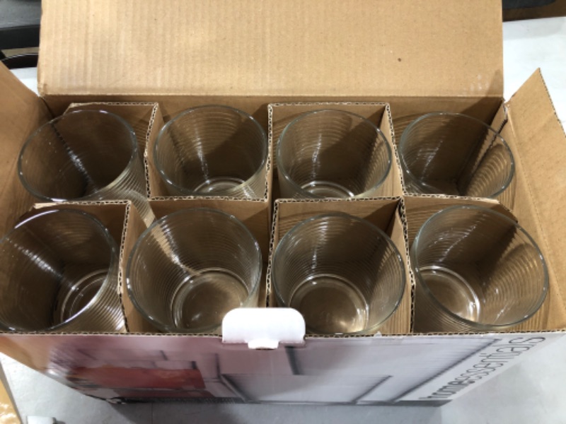 Photo 1 of Set of 16 Heavy Base Ribbed Durable Drinking Glasses Includes 8 Cooler Glasses (17oz) and 8 Rocks Glasses (13oz), - Clear Glass Cups - Elegant Glassware Set