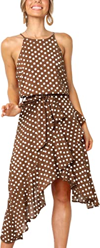 Photo 1 of ECOWISH Womens Boho Polka-dot Tie Waist Irregular Cocktail Midi Dress Sleeveless Halter Neck Sexy Sundress SIZE M