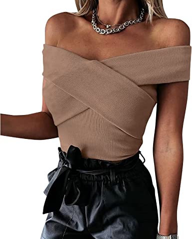 Photo 1 of Aiivcxy Women's V Neck Off The Shoulder Wrap Shirt Ribbed Cross Front Blouse Summer
SIZE S