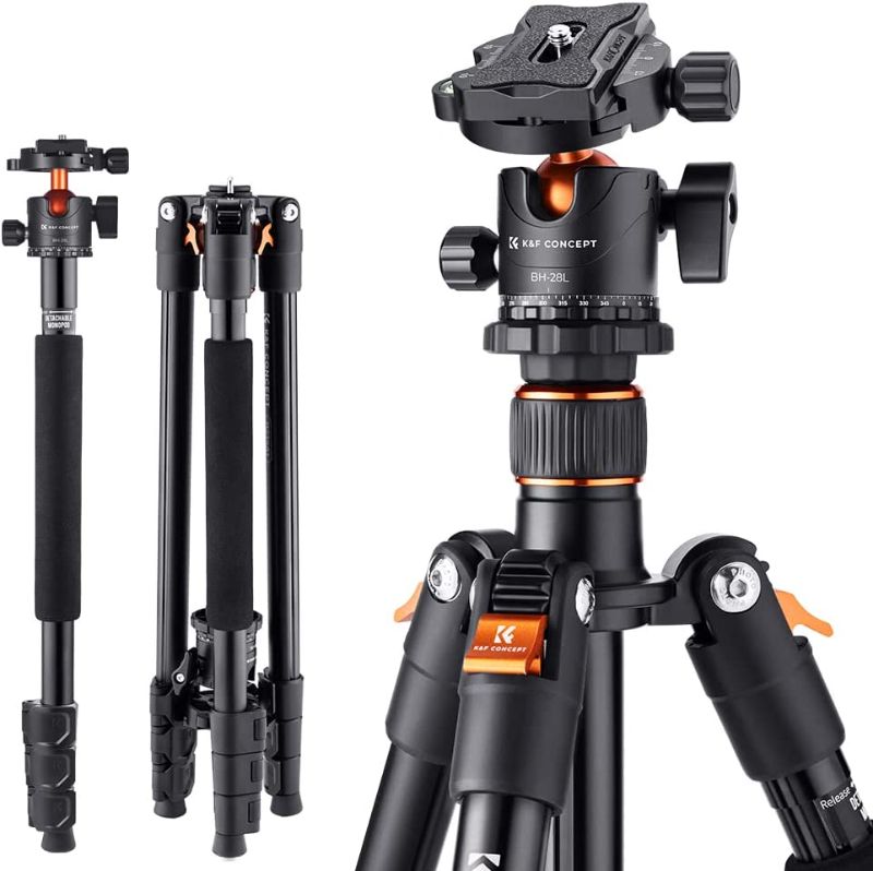 Photo 1 of K&F Concept 64 inch/162cm Camera Tripod, Compact Aluminum Alloy Travel Tripods with 28mm Metal Ball Head 10KG/22lbs Load Capacity, Detachable Monopod, for SLR DSLR Digital Camera(B234A1+BH-28L) 