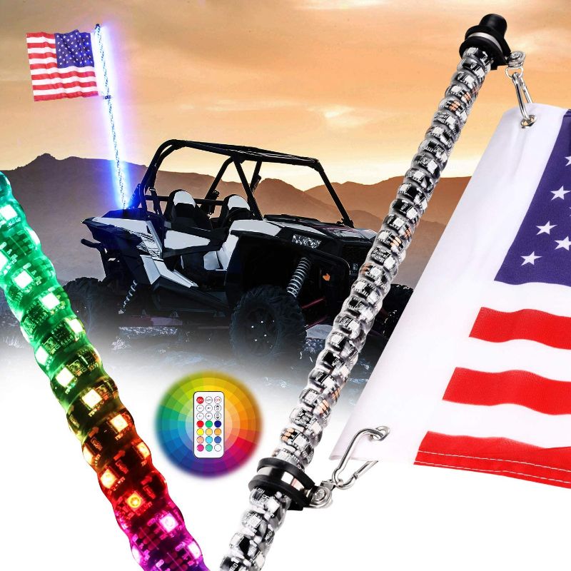 Photo 1 of Nirider 4ft LED Whip Light with Flag Pole Remote Control Spiral RGB Chase Light Offroad Warning Lighted Antenna LED Whips for UTV, ATV, Off Road, Truck, Sand, Buggy Dune, RZR, Can-am, Boat 