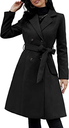 Photo 1 of YOESEE Dress Peacoats for Women Winter Notch Lapel Long Sleeve Coat Double-Breasted A Line Pea Coat with Self Tie Belt 