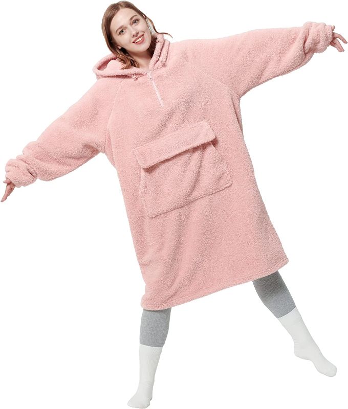 Photo 1 of Bedsure Ovesized Wearable Blanket Hoodie, Long Sherpa Fleece Blanket Sweatshirt as Gifts for Men, with Warm Big Hood for Christmas, Side Split and Belt, Pink, Standard