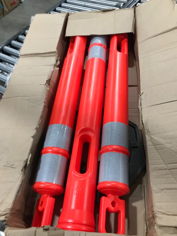 Photo 2 of 44" Delineator Post with Base - 3pk - Ring Top Orange Traffic Stanchion with 10" Reflective Band - 13 lb Octagonal Rubber Base - Security, Street Safety Cordon, Garage Parking Aid - Xpose Safety 3 Pack Ring Top